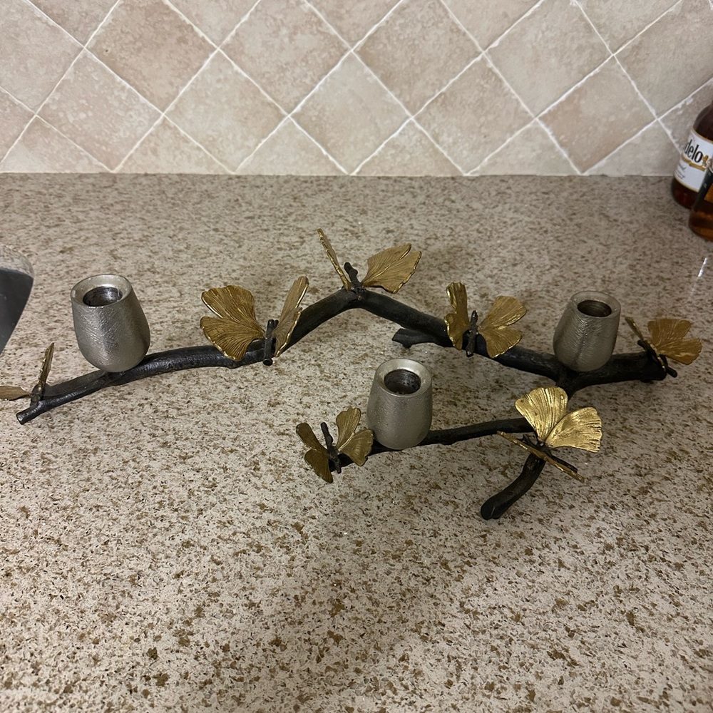 Gold and Black Candle Holder with Leaf Accents